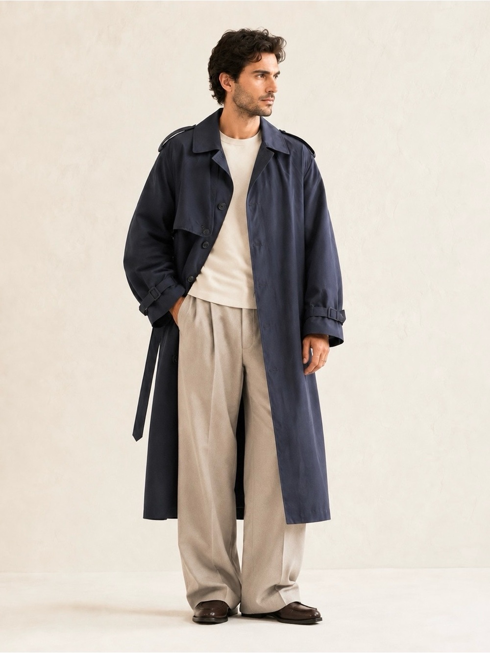London Fog Vintage 80s Oversized Navy Trench Coat Belted Sz 38S